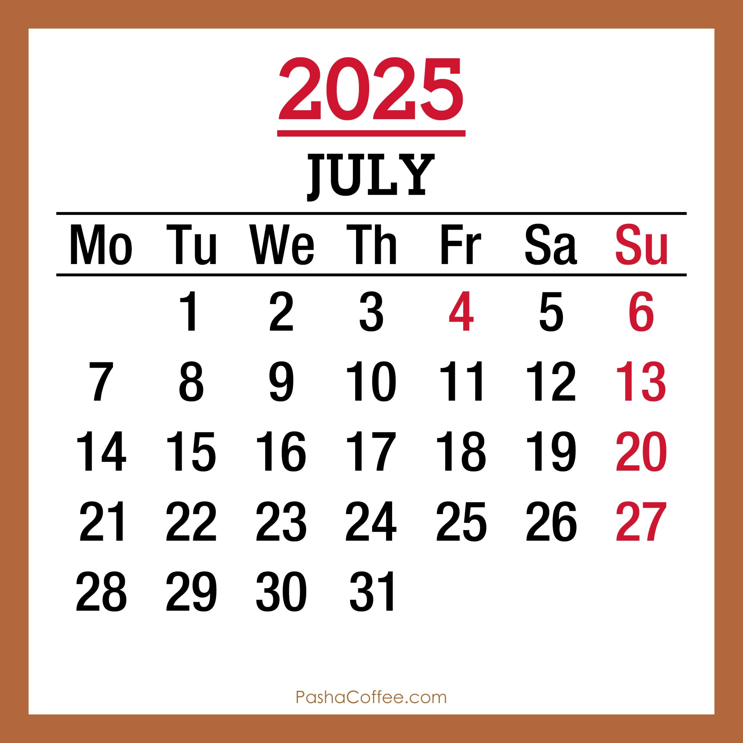 2025 July Holiday Calendar