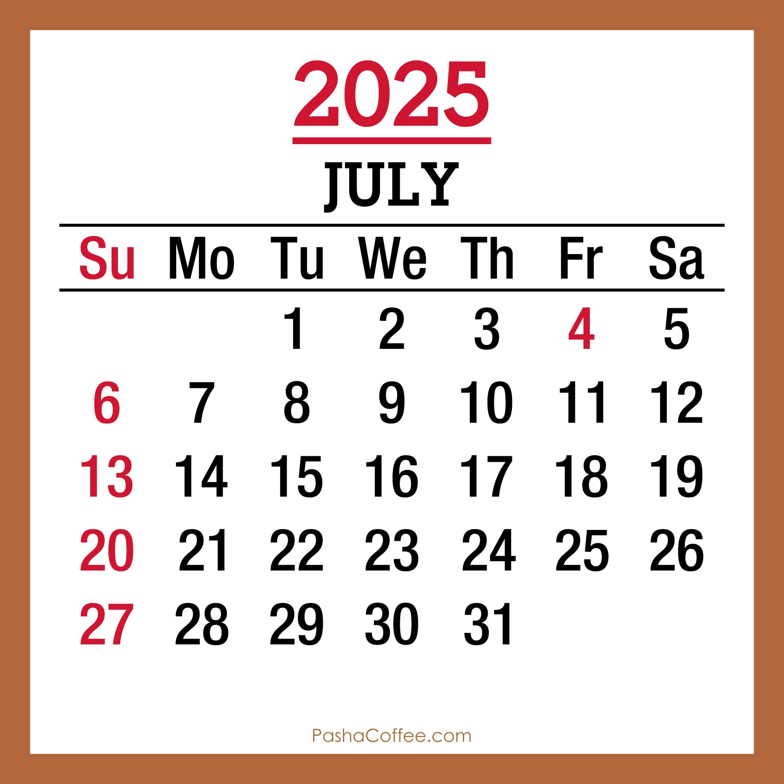July 2025 Monthly Calendar With Holidays Printable Free Beige Sunday Start PashaCoffee