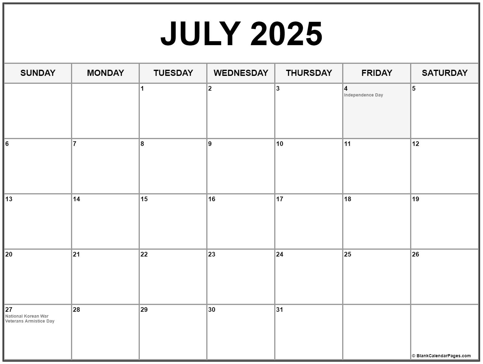 July 2025 With Holidays Calendar July 2025 With Holidays Calendar