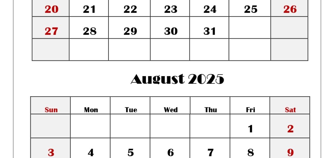 July And August 2025 Calendar Printable PDF Two Months Calendar