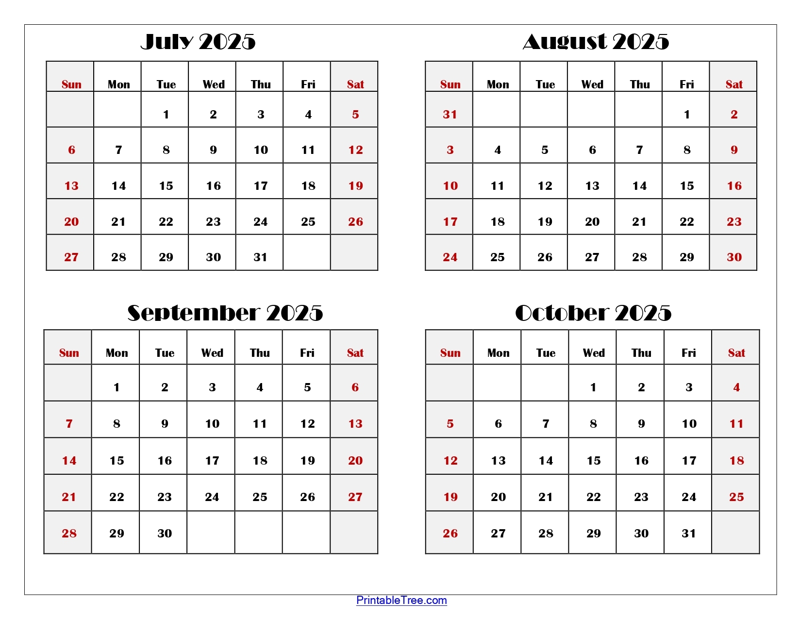July To October 2025 Calendar Printable PDF Four Months Calendar