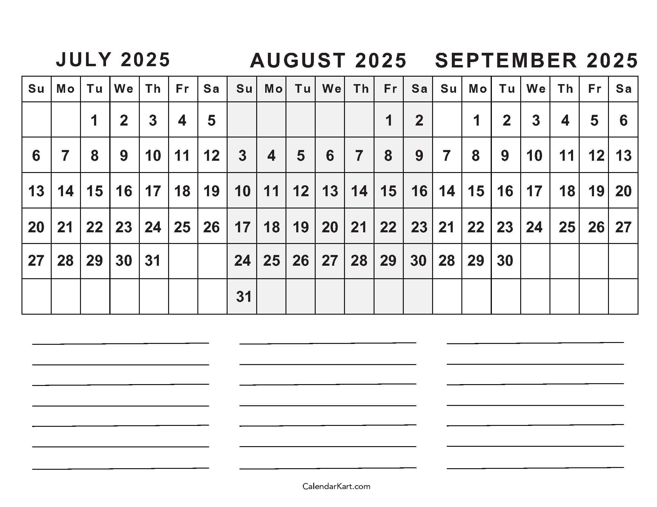 July To September 2025 Calendar Q3 CalendarKart