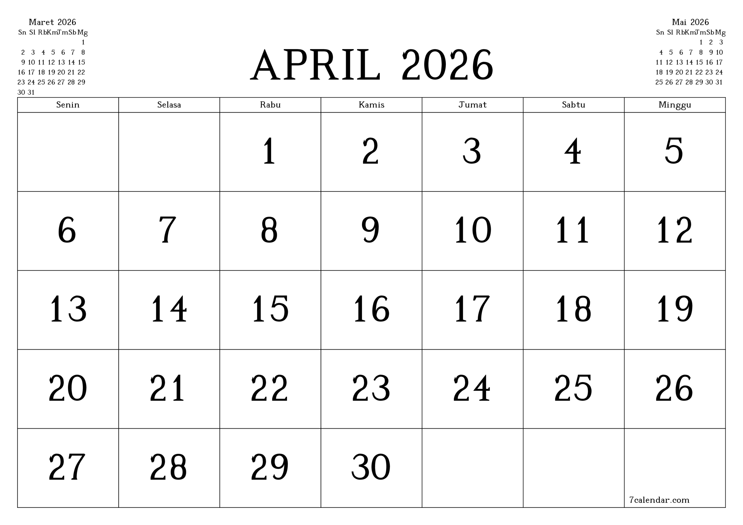 Kalender Dan Agenda Untuk Pencetakan April 2026 A4 A3 Ke PDF Dan PNG 7calendar Kalender Dan Agenda Untuk Pencetakan April 2026 A4 A3 Ke PDF Dan PNG 7calendar