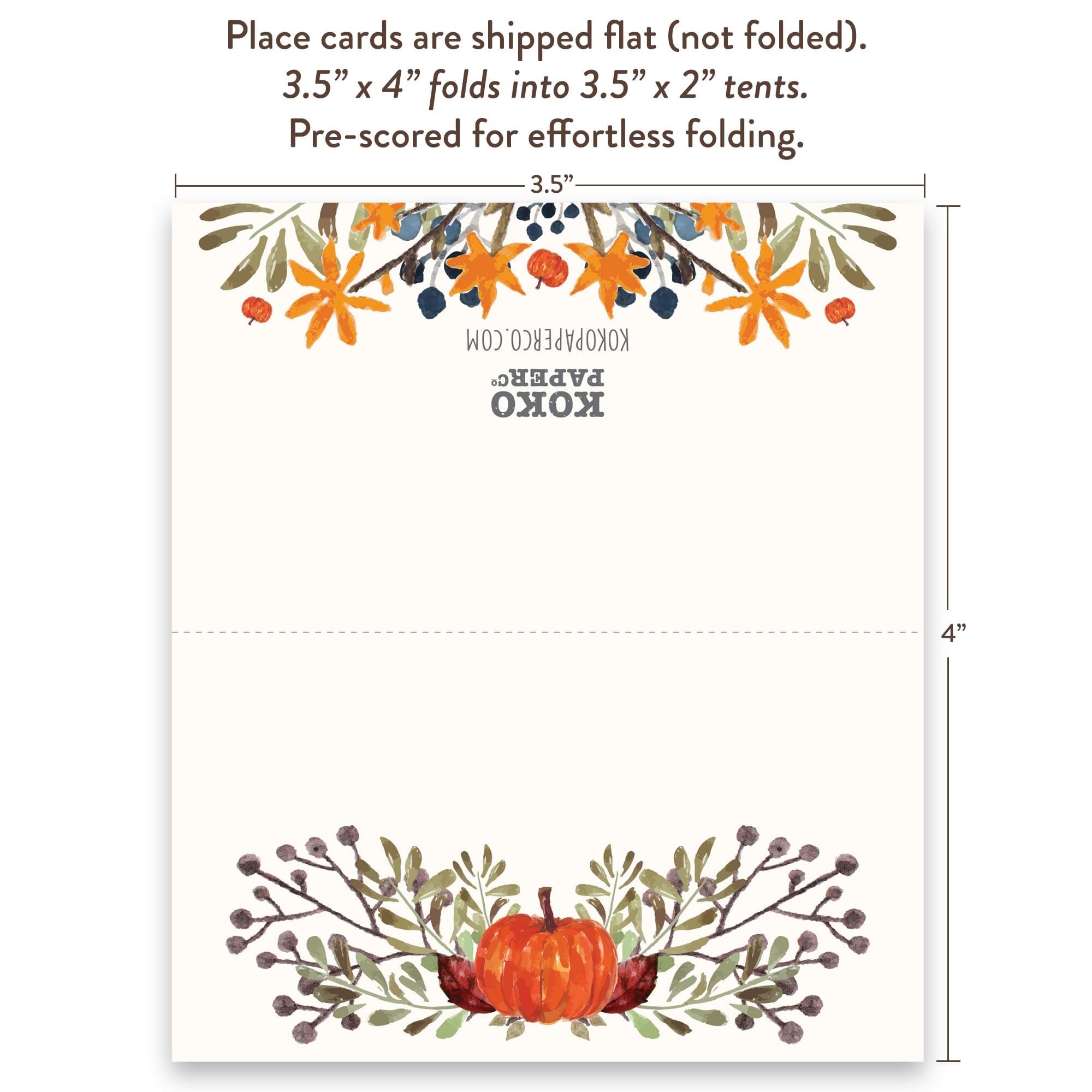 Koko Paper Co Thanksgiving Place Cards With Pumpkin And Fall Leaves Pack Of 50 Tent Style Cards For Thanksgiving Bridal Showers Dinner Parties Birthdays Or Any Occasion No Holder Necessary Amazon in 