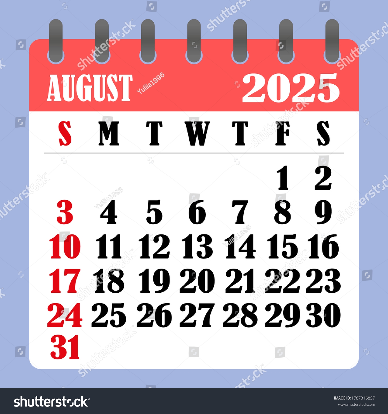 Letter Calendar August 2025 Week Begins Stock Vector Royalty Free 1787316857 Shutterstock