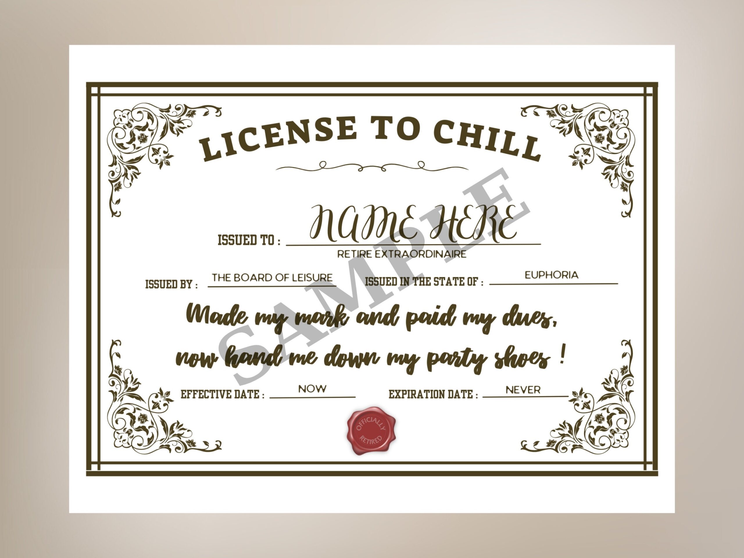 License To Chill Retirement Certificate Editable Customizable 