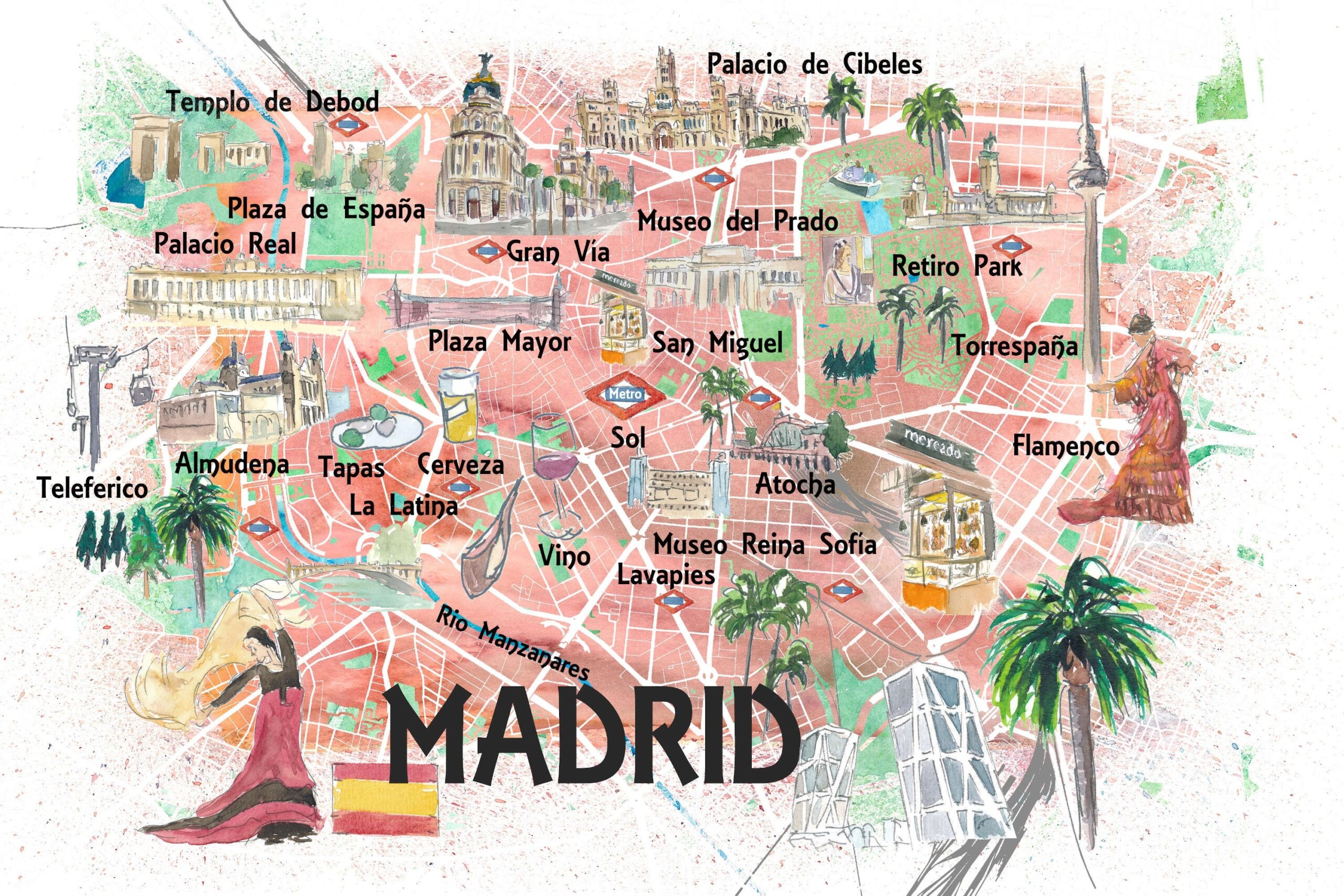 Madrid Spain Illustrated Travel Map With Roads Landmarks And Tourist Highlights Fine Art Print Etsy
