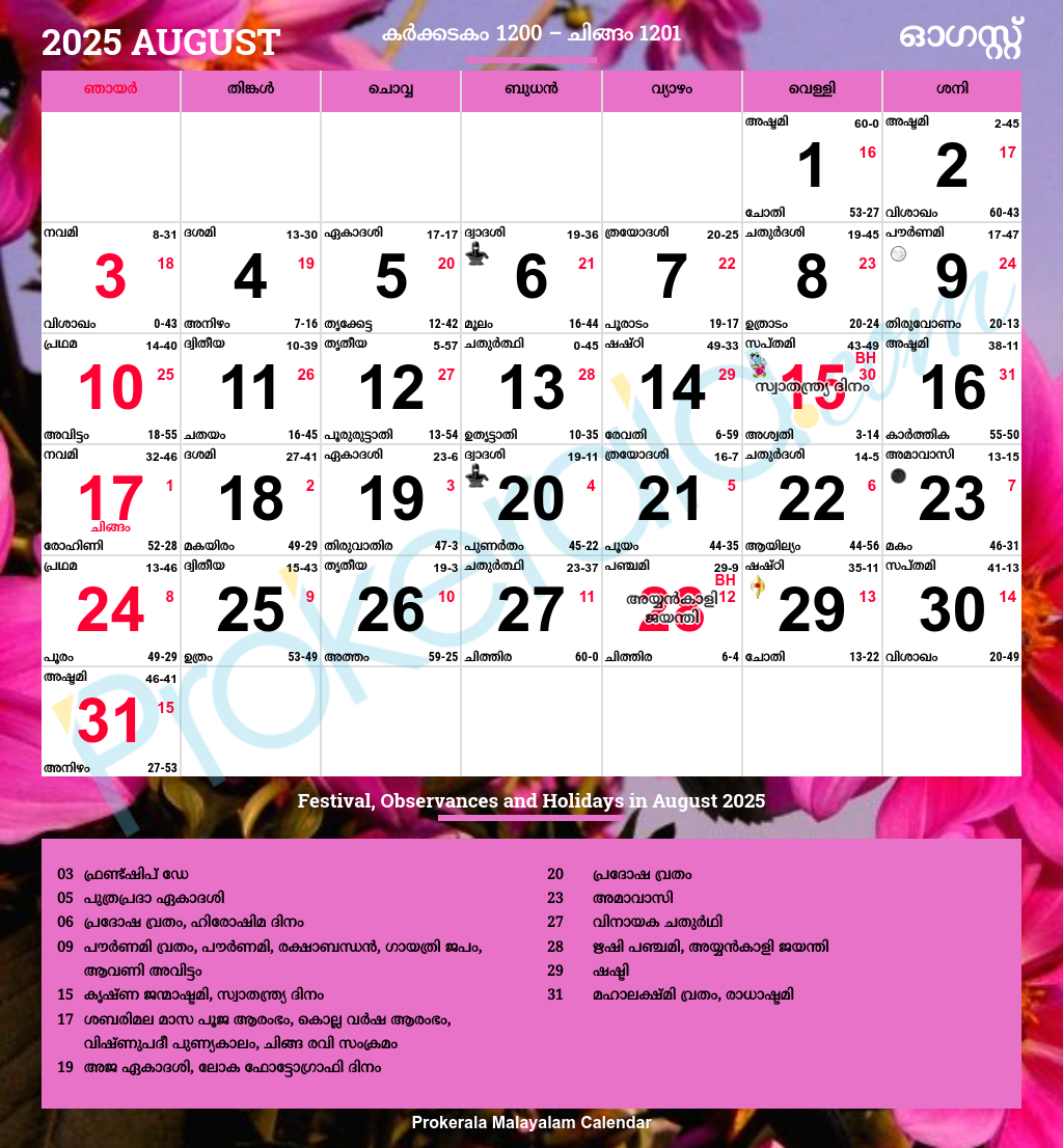 Calendar August 2025 India