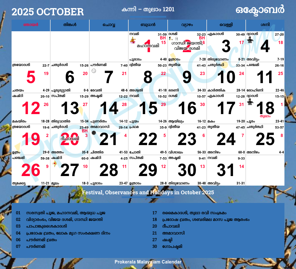 Malayalam Calendar 2025 October