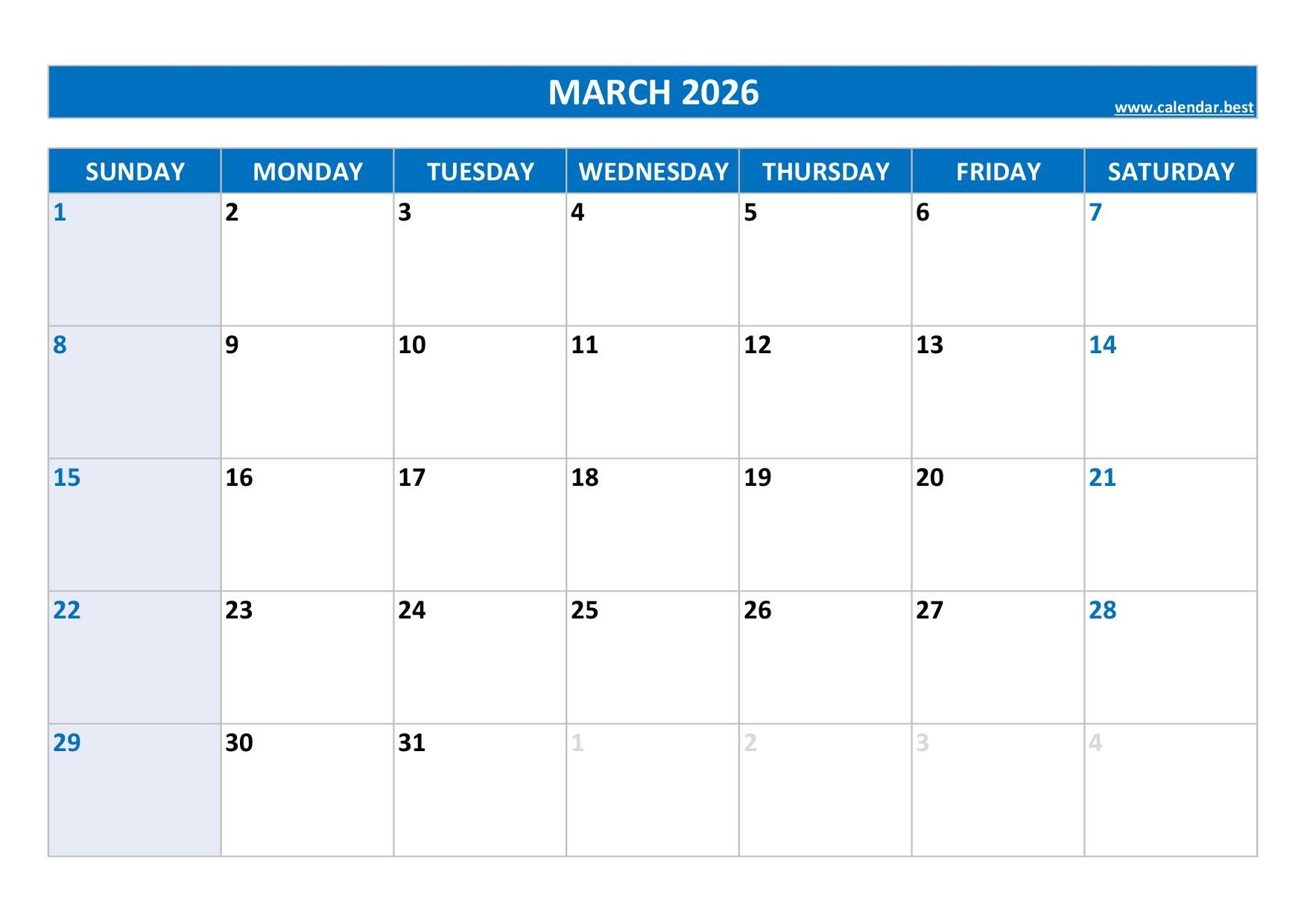 2026 Calendar March Holidays