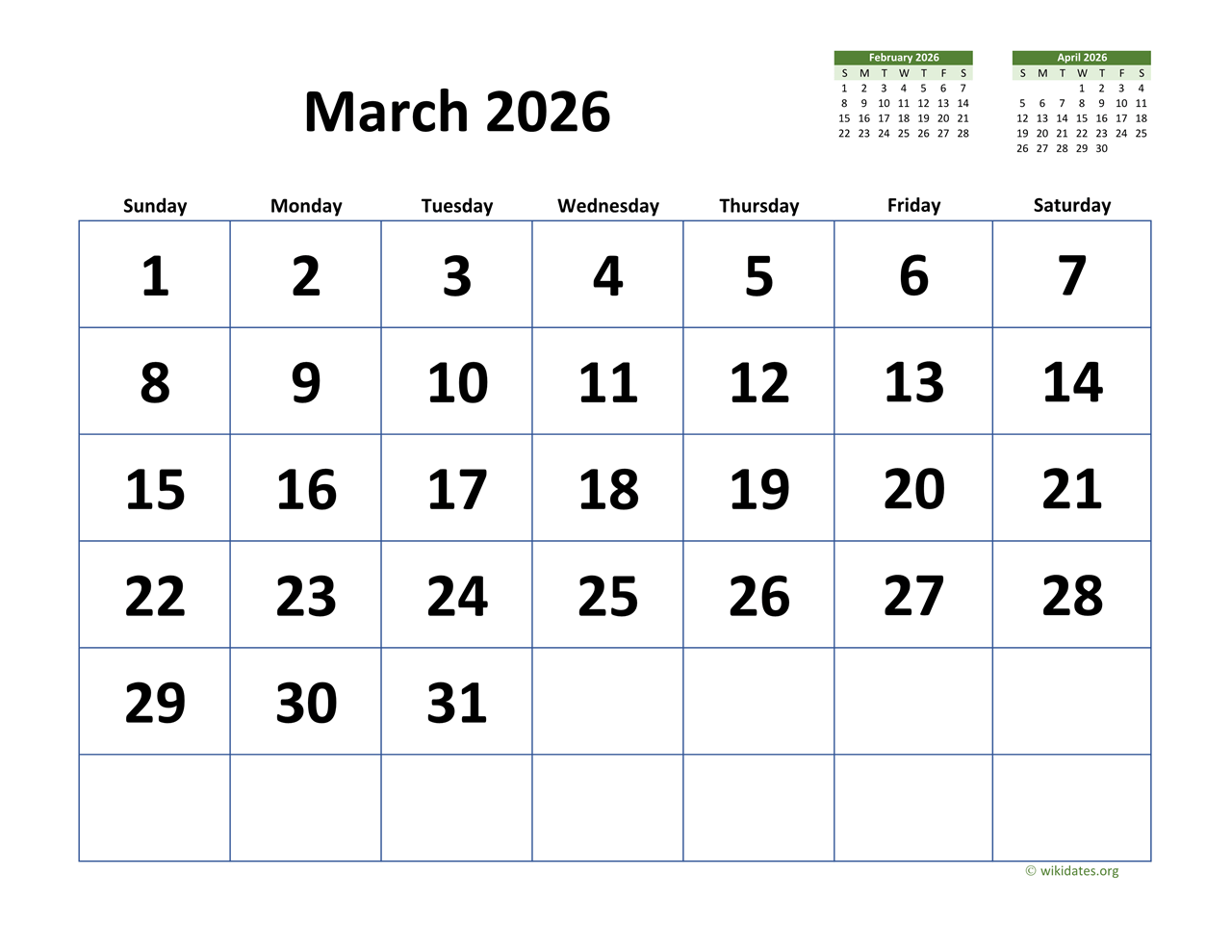 March 2026 Calendar With Extra large Dates WikiDates March 2026 Calendar With Extra large Dates WikiDates