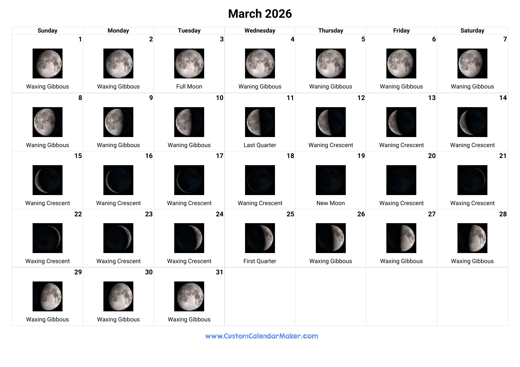 March 2026 Moon Phases Calendar Custom Calendar Maker March 2026 Moon Phases Calendar Custom Calendar Maker