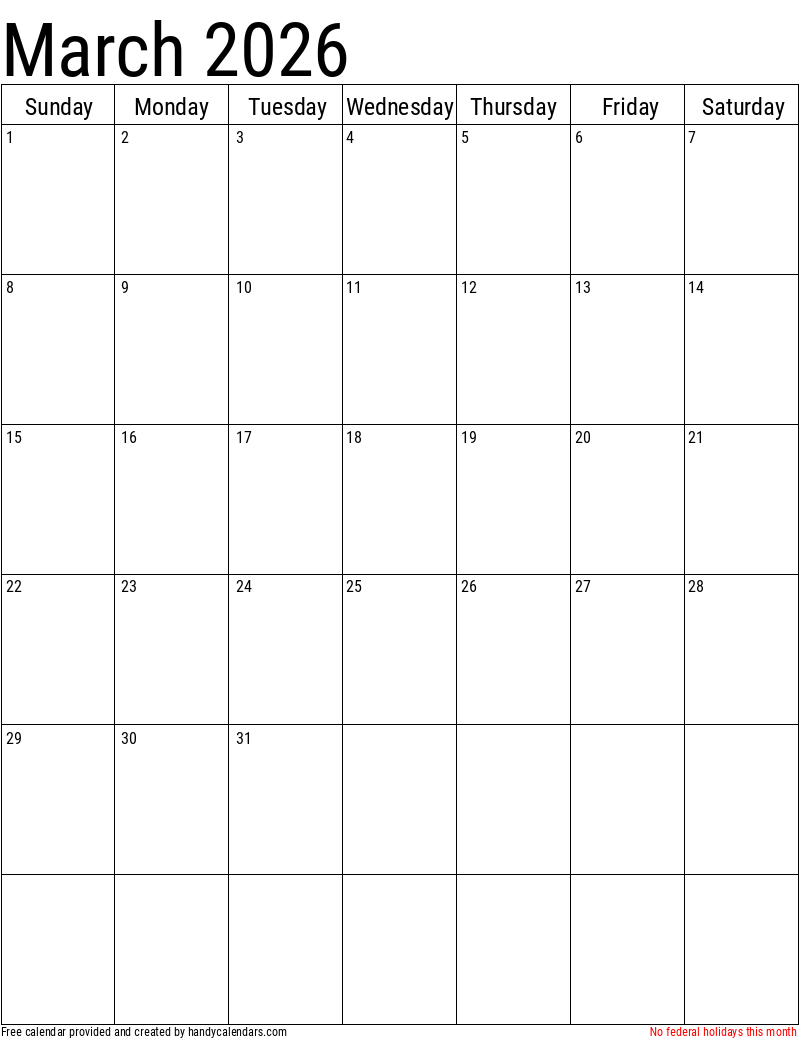 March 2026 Vertical Calendar With Holidays Handy Calendars March 2026 Vertical Calendar With Holidays Handy Calendars