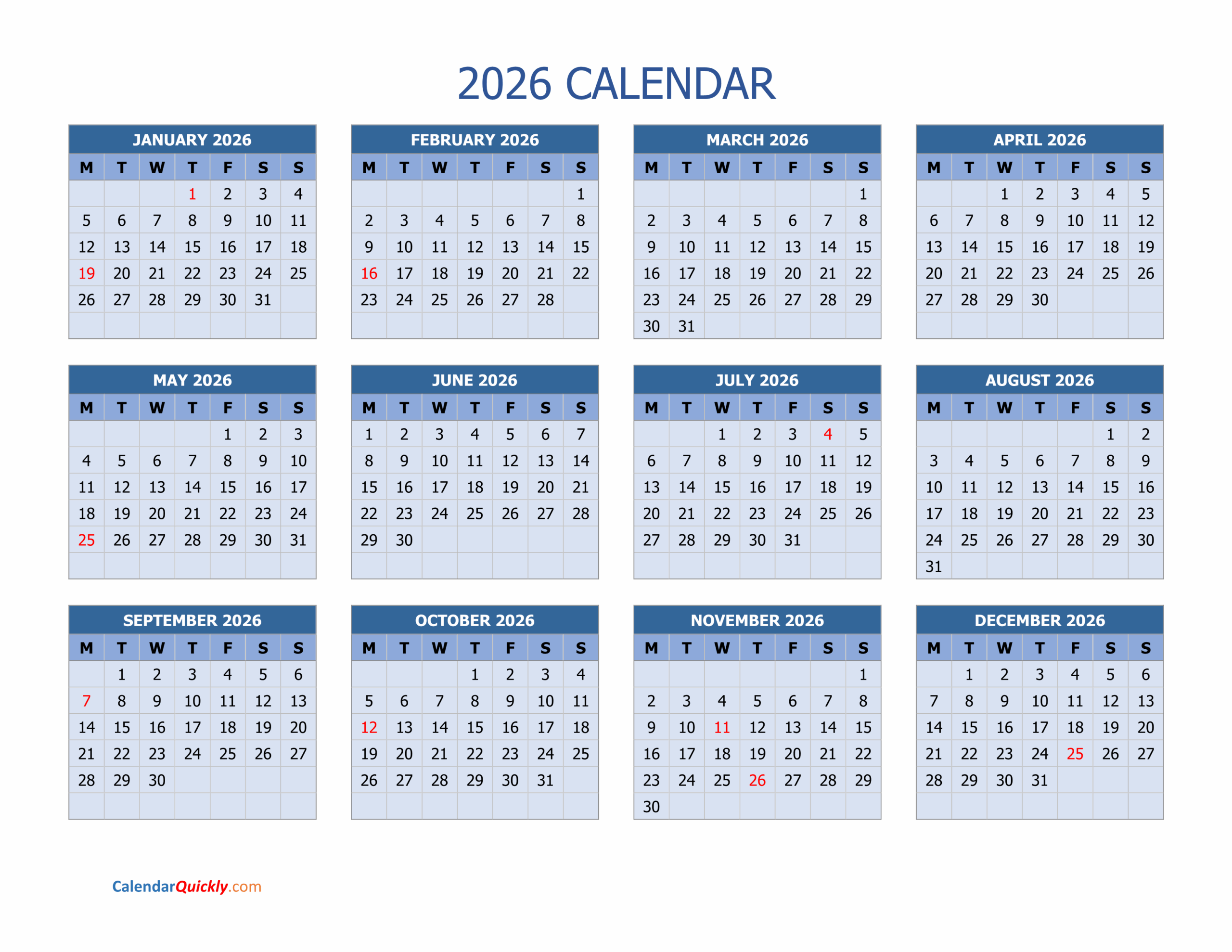 Monday 2026 Calendar Horizontal Calendar Quickly Monday 2026 Calendar Horizontal Calendar Quickly