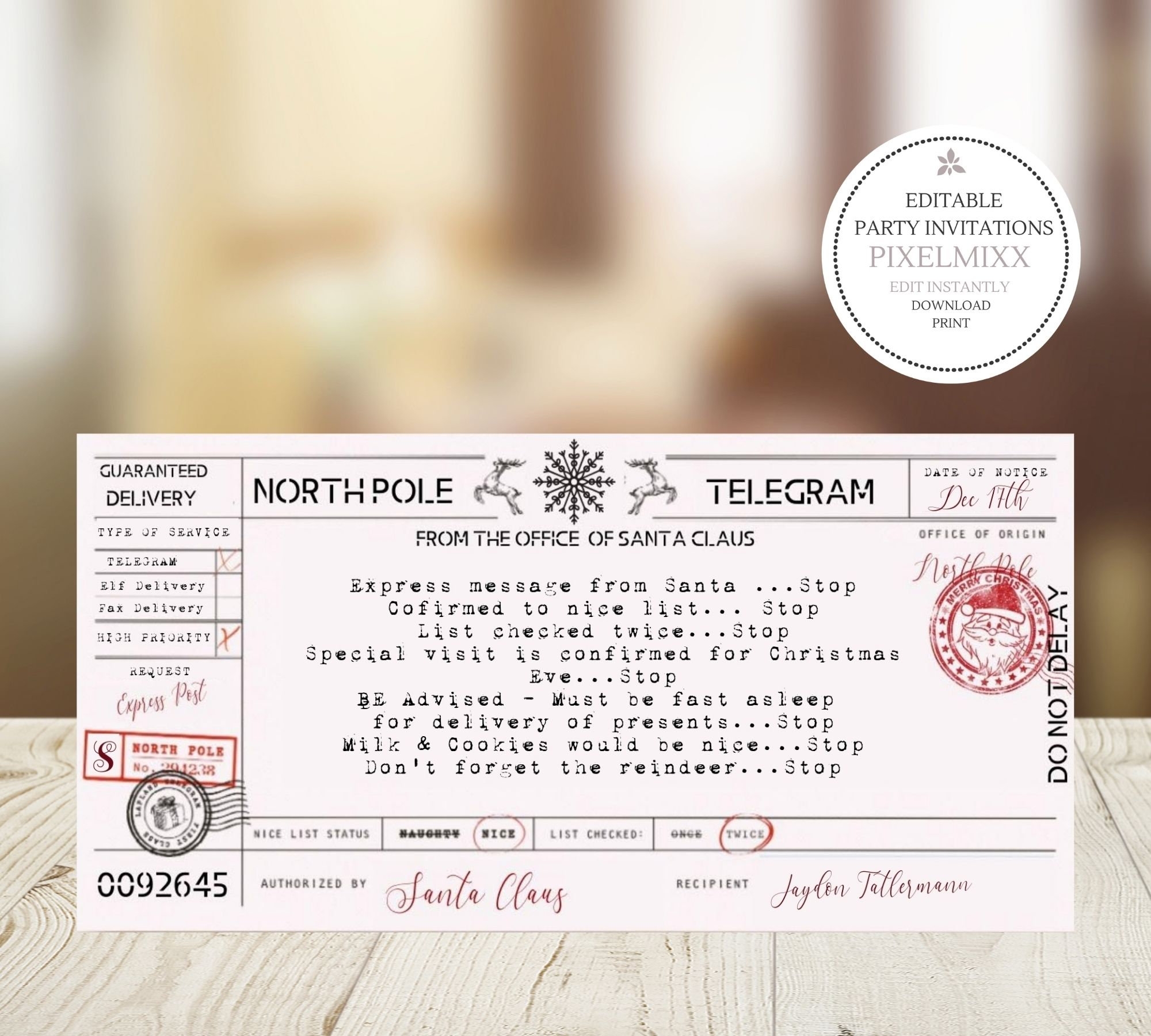 North Pole Telegram From The North Pole Santas Nice List North Pole Telegram From The North Pole Santas Nice List