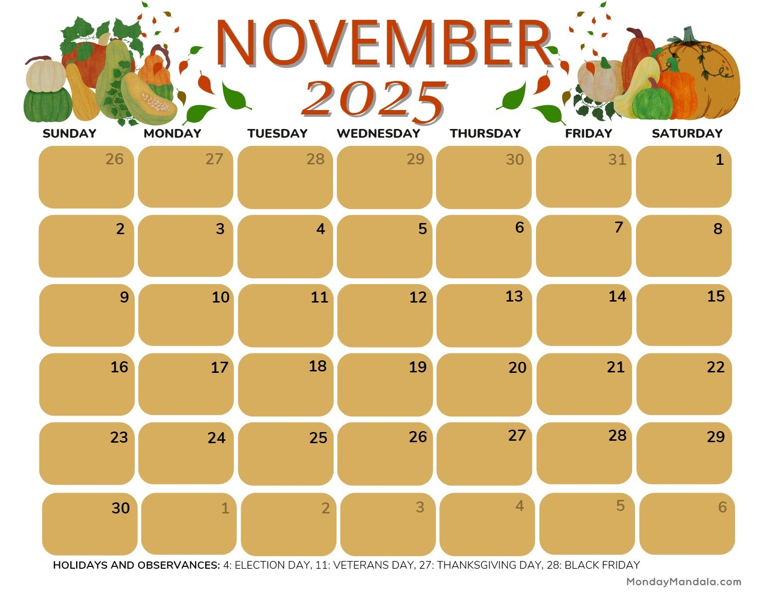 November 2025 Calendar 52 Free PDF Printables 