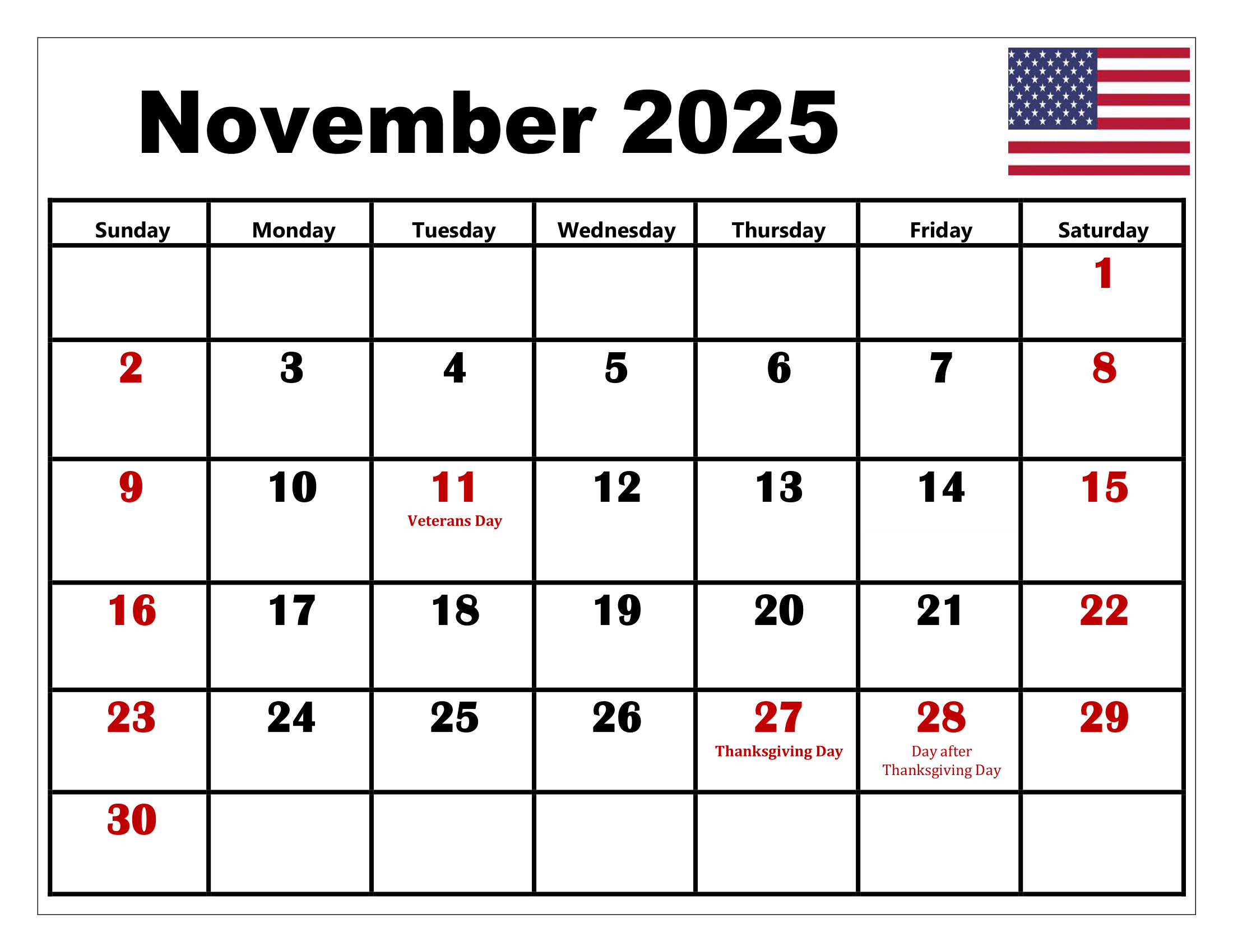November 2025 Calendar Printable PDF Template With Holidays November 2025 Calendar Printable PDF Template With Holidays