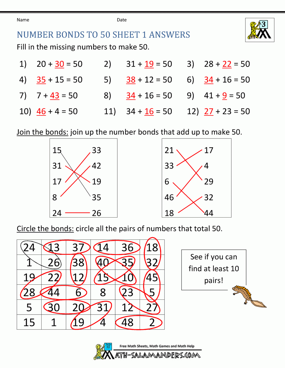 Number Bonds Worksheets To 100 Number Bonds Worksheets To 100