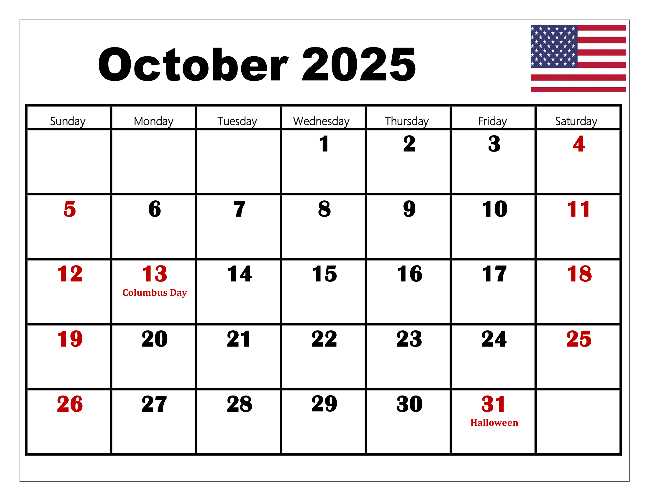 October 2025 Calendar Printable PDF Template With Holidays October 2025 Calendar Printable PDF Template With Holidays