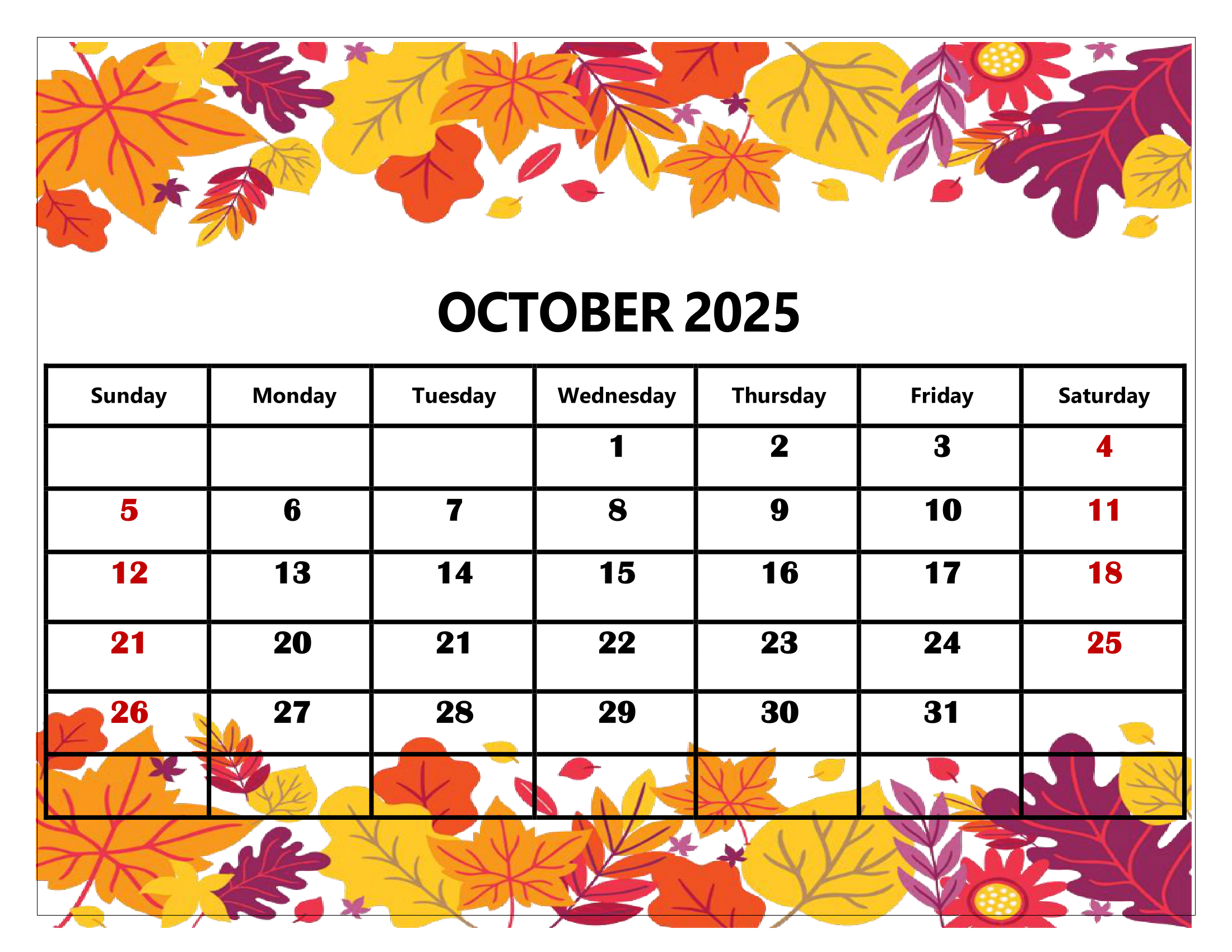 Calendar 2025 October Holiday Calendar 2025 October Holiday