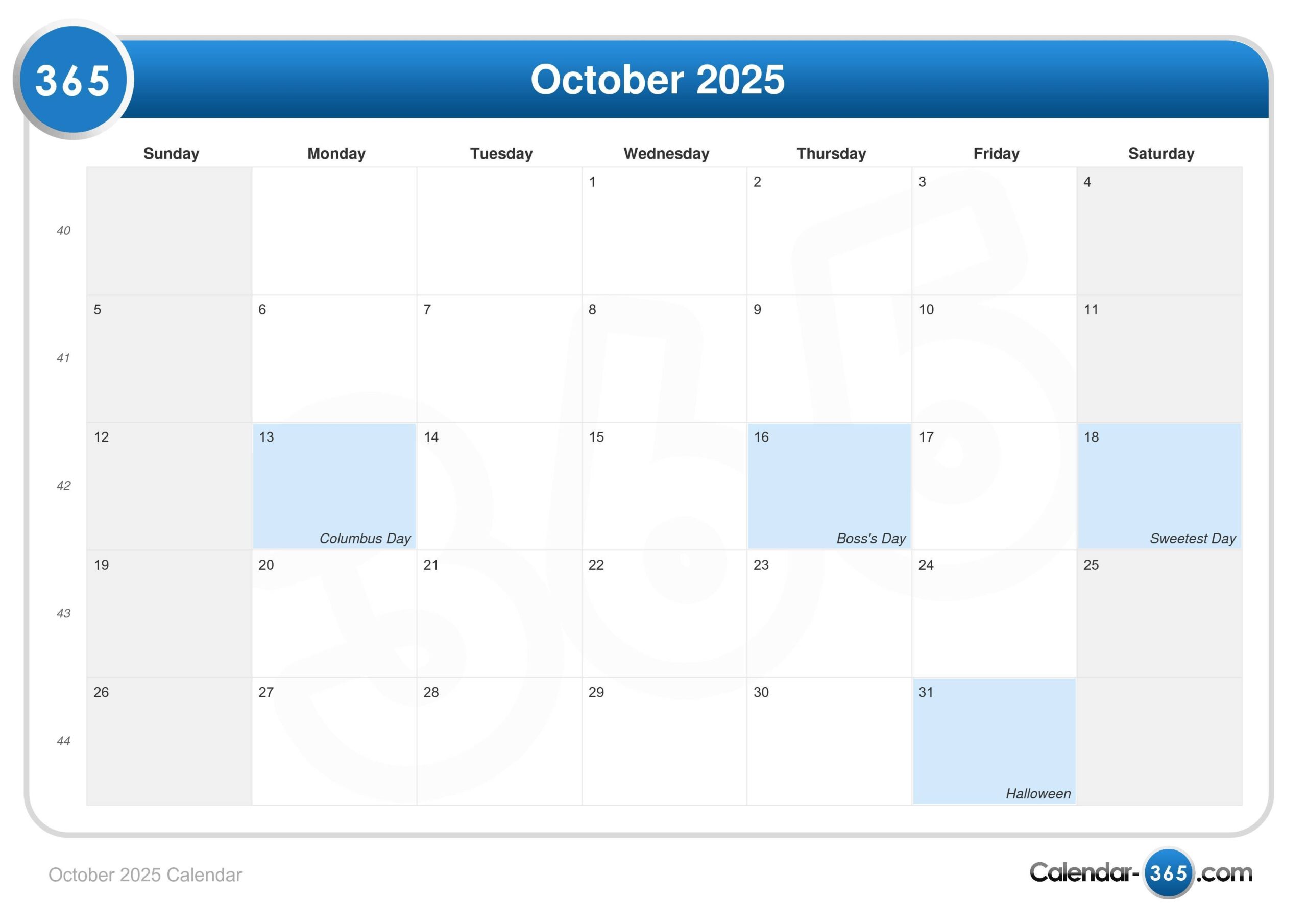 October 2025 Calendar