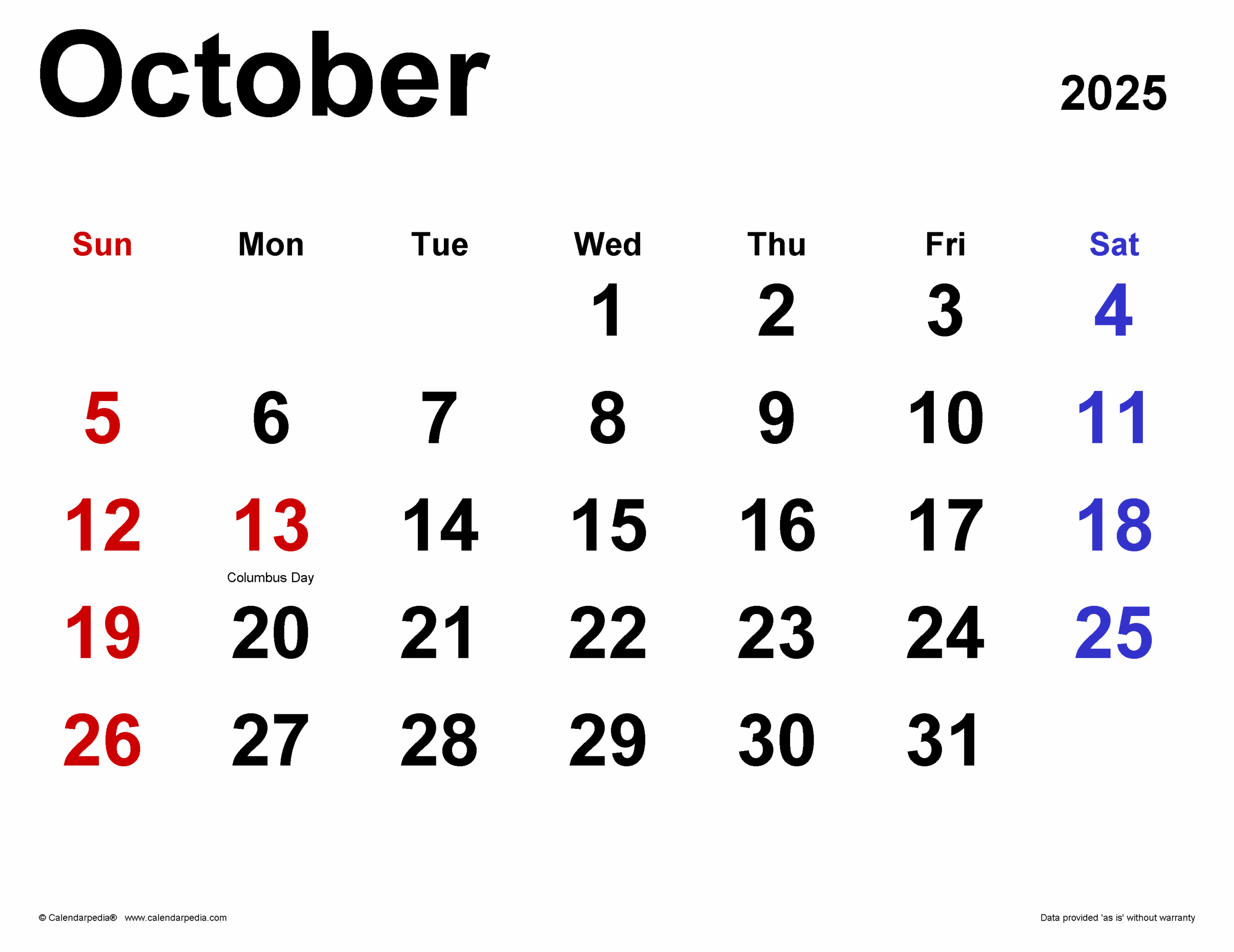 Calendar 2025 Month October