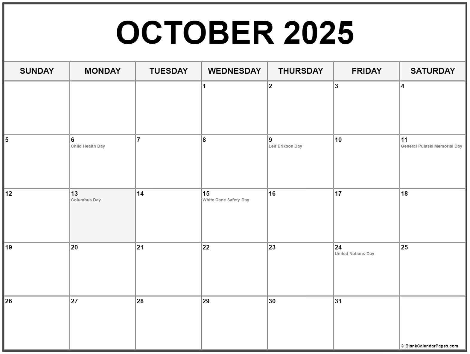 October 2025 With Holidays Calendar October 2025 With Holidays Calendar