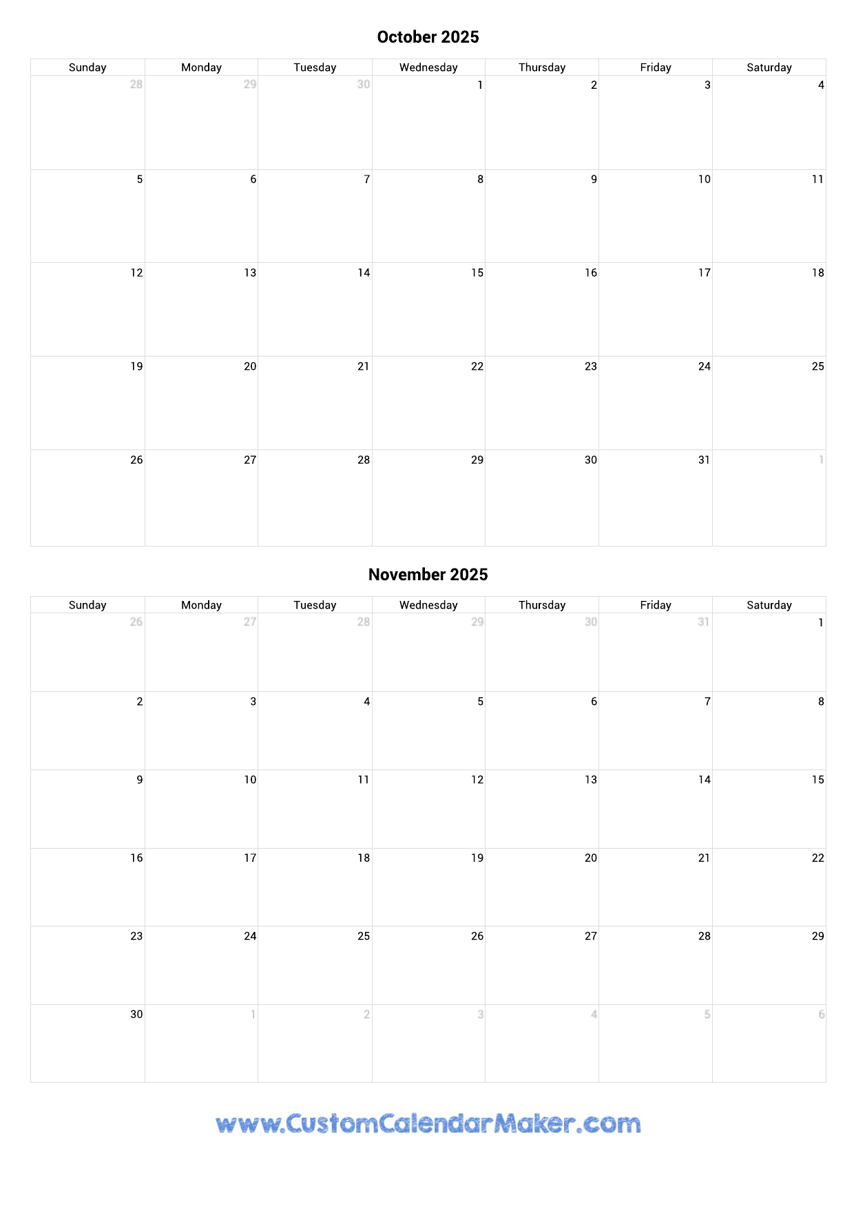 Blank Calendar For October And November 2025