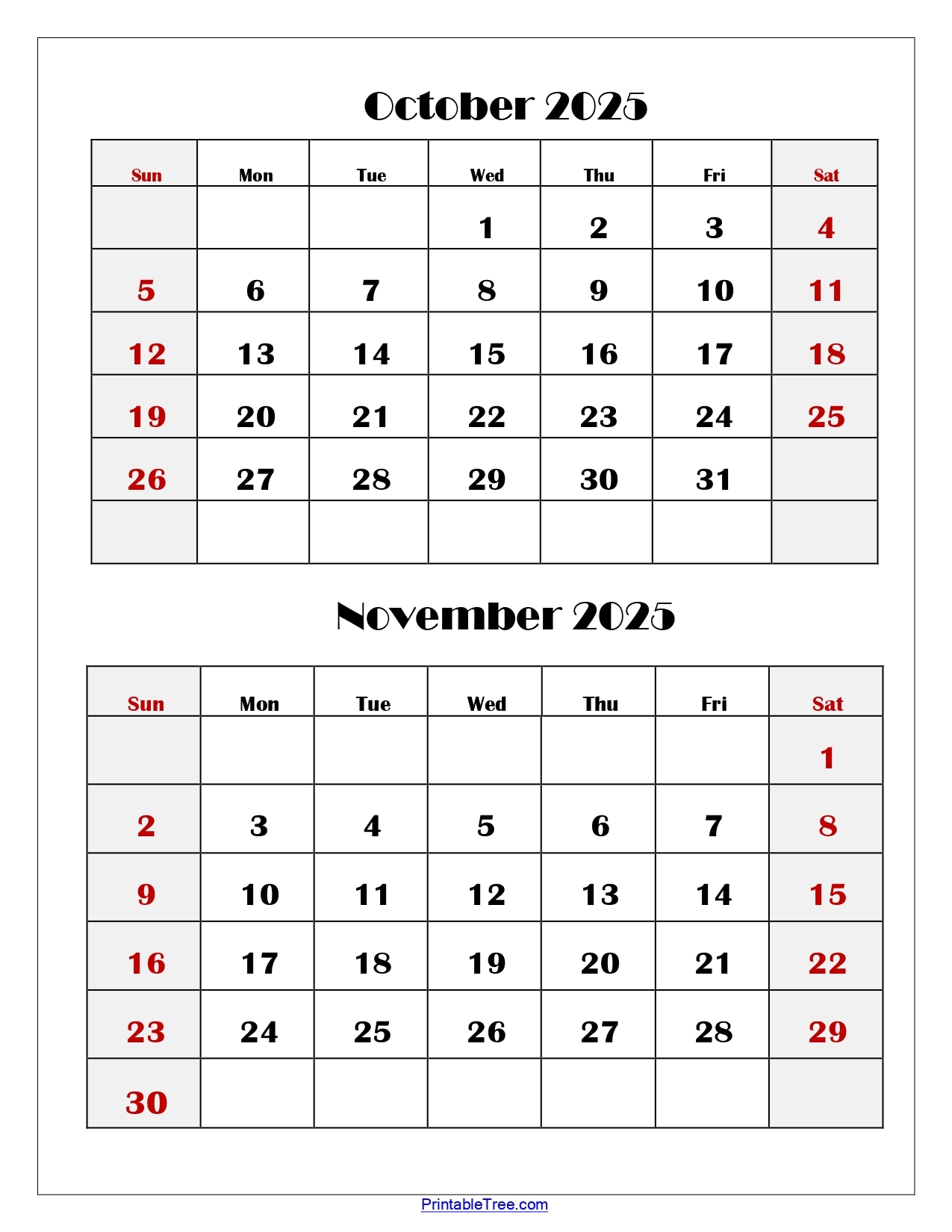 October And November 2025 Calendar Printable PDF Two Months Calendar