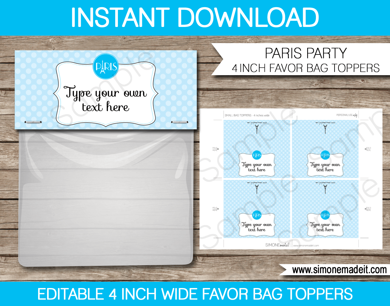 Paris Party Favor Bag Toppers Template Blue
