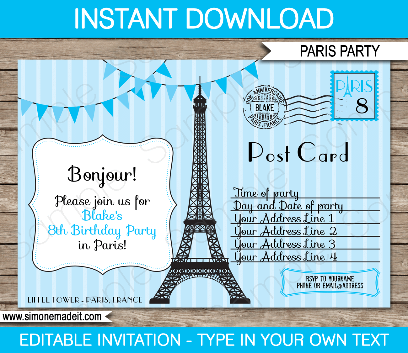 Paris Party Invitations Template Blue