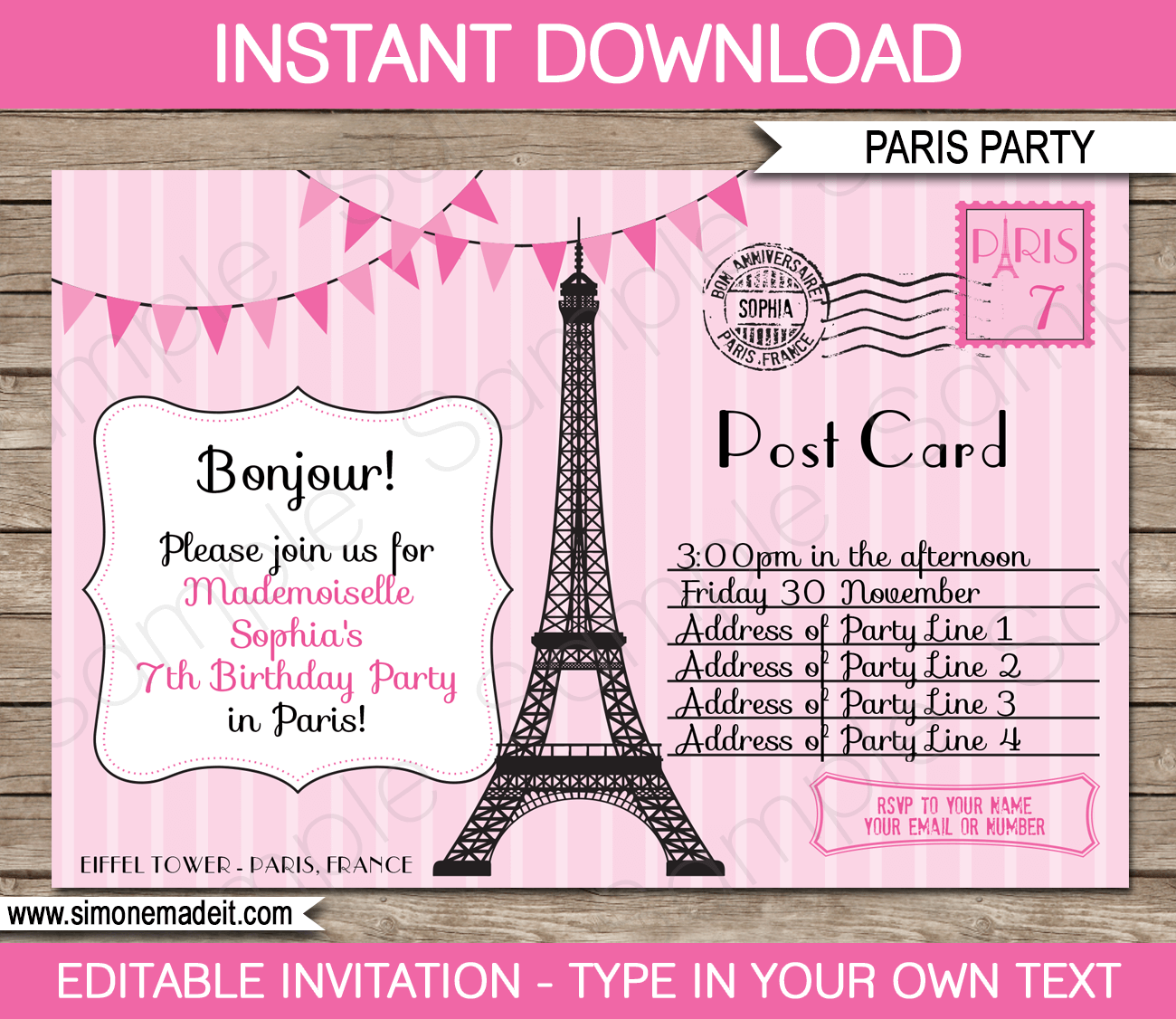 Paris Party Invitations Template Pink