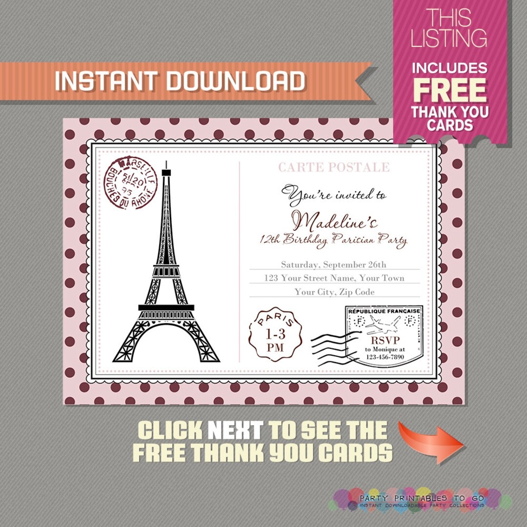 Paris Postcard Invitation With FREE Thank You Card Paris Birthday Invitation Postcard Invitation Edit And Print With Adobe Reader Etsy