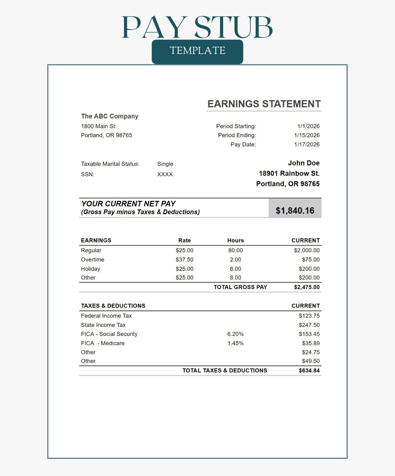 Free Printable Pay Stub Template Canada