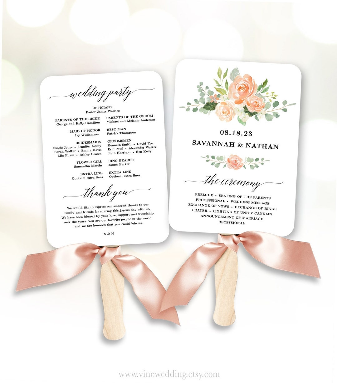 Peach Floral Wedding Program Fan Template Printable Fan Wedding 
