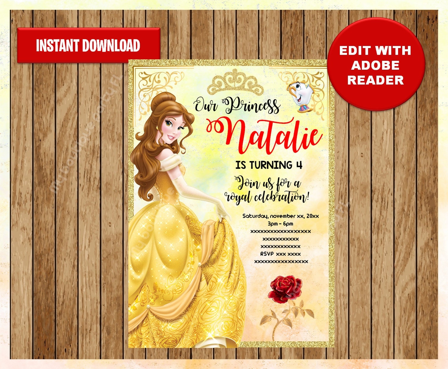 Princess Belle Party Invitation Beauty And The Beast Printable Invitation Customizable Template Editable PDF File You Fill And Print Etsy