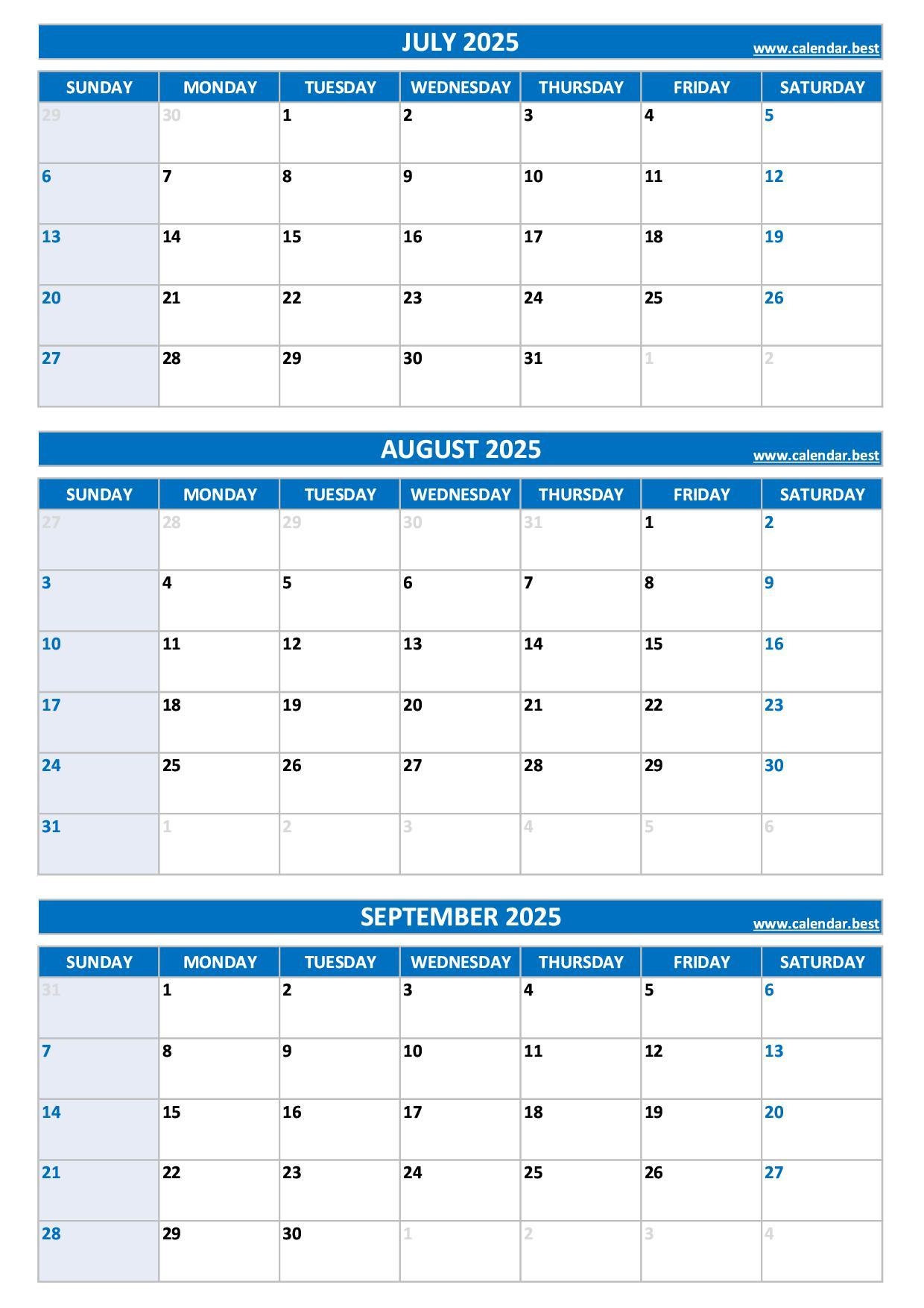 3 Month Calendar July August September 2025