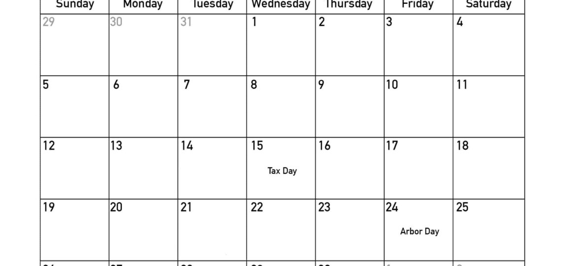 Printable April 2026 Calendar