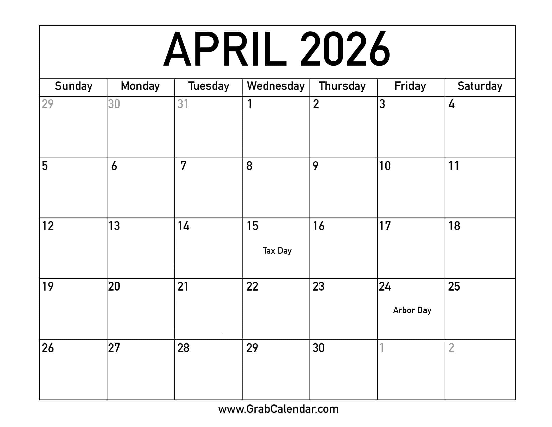 Printable April 2026 Calendar Printable April 2026 Calendar