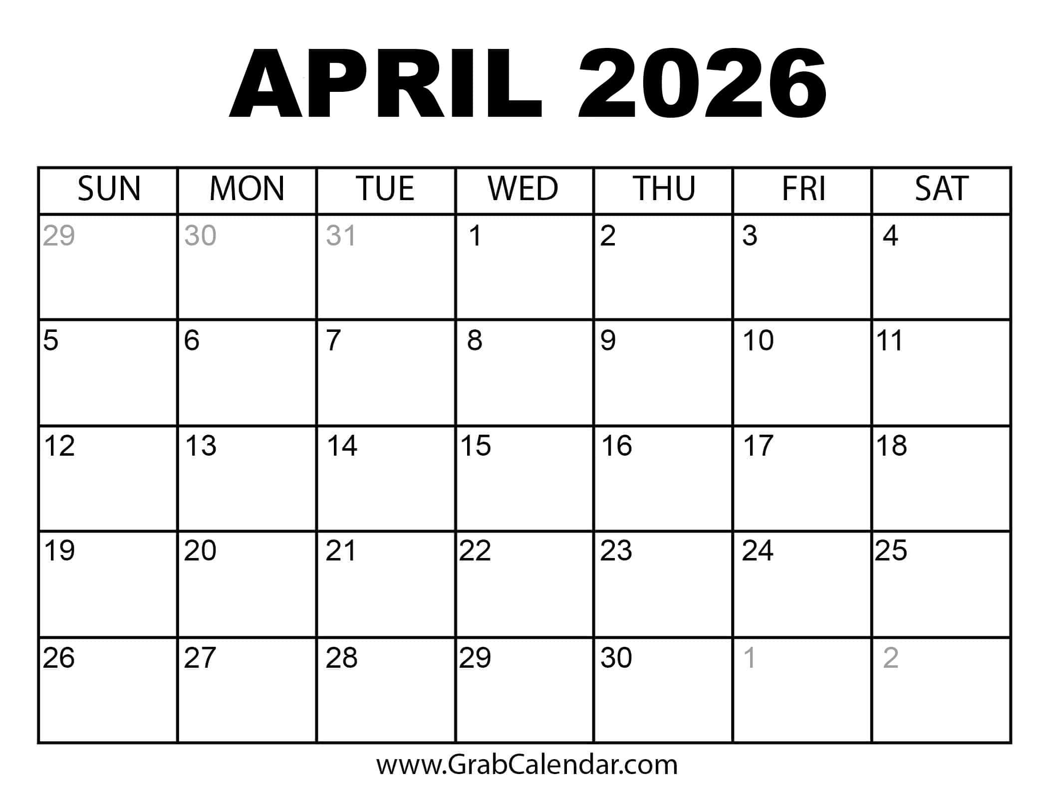 Printable April 2026 Calendar