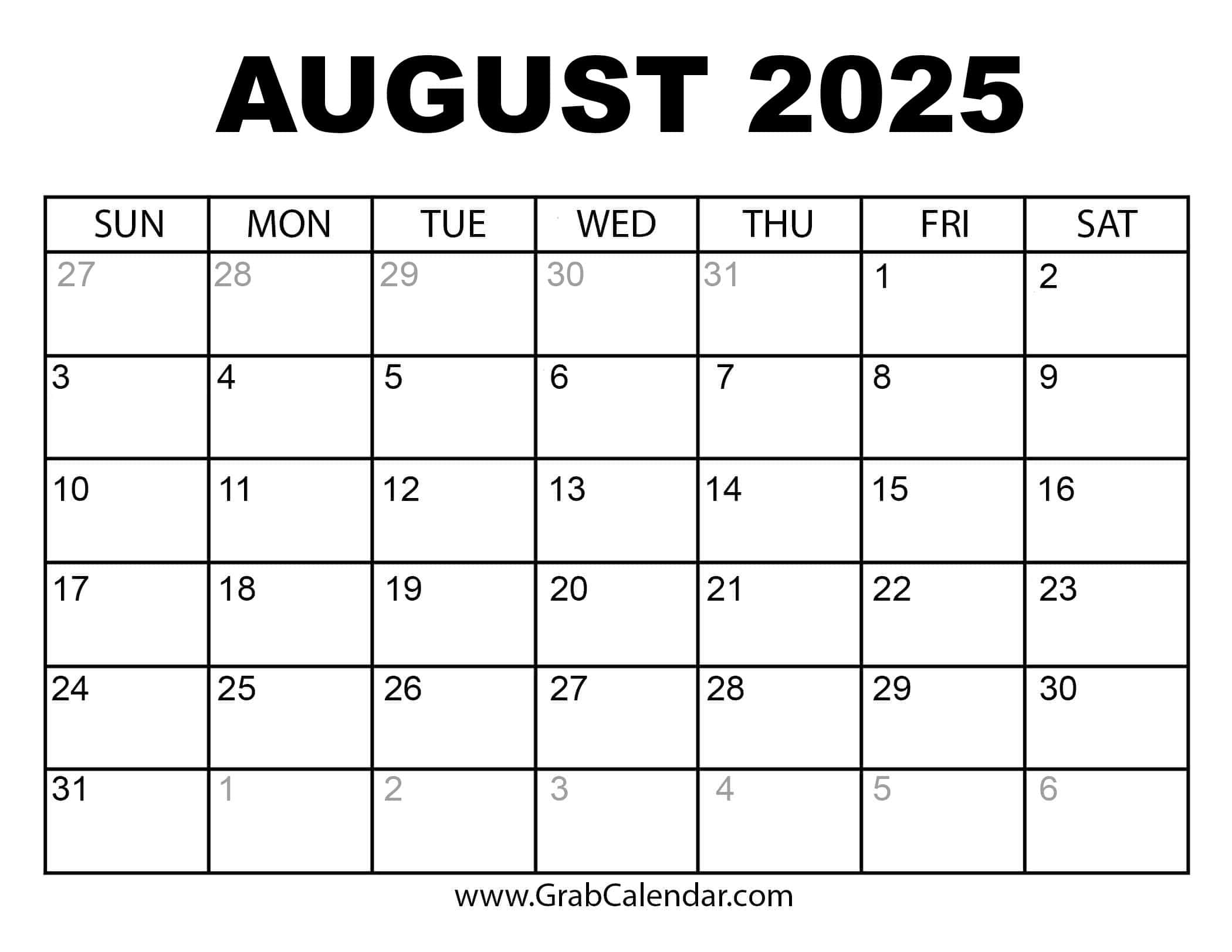 Printable August 2025 Calendar Printable August 2025 Calendar