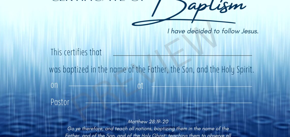 Printable Baptism Certificate Template KJV Instant Digital Download Blue Rain