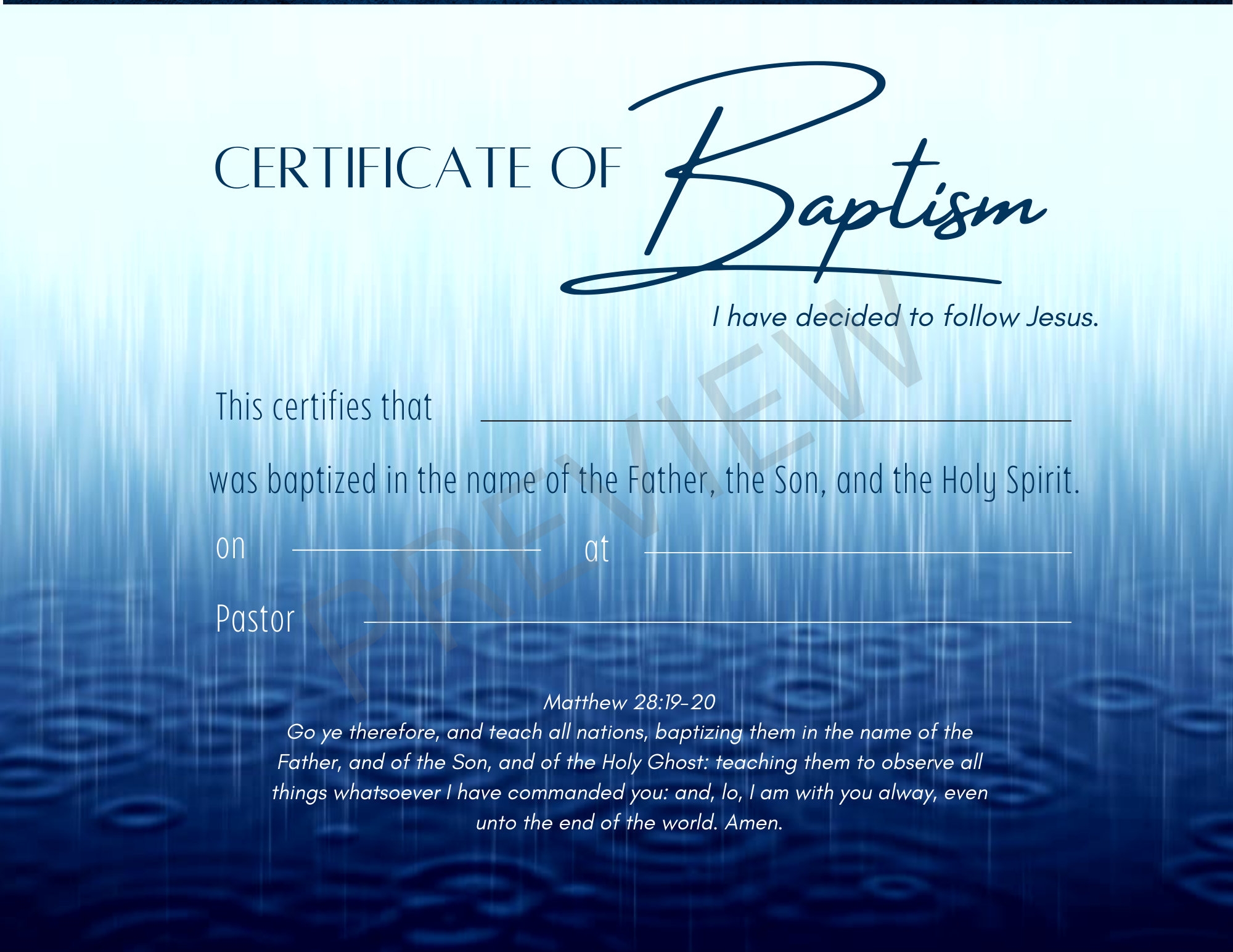 Printable Baptism Certificate Template KJV Instant Digital Download Blue Rain