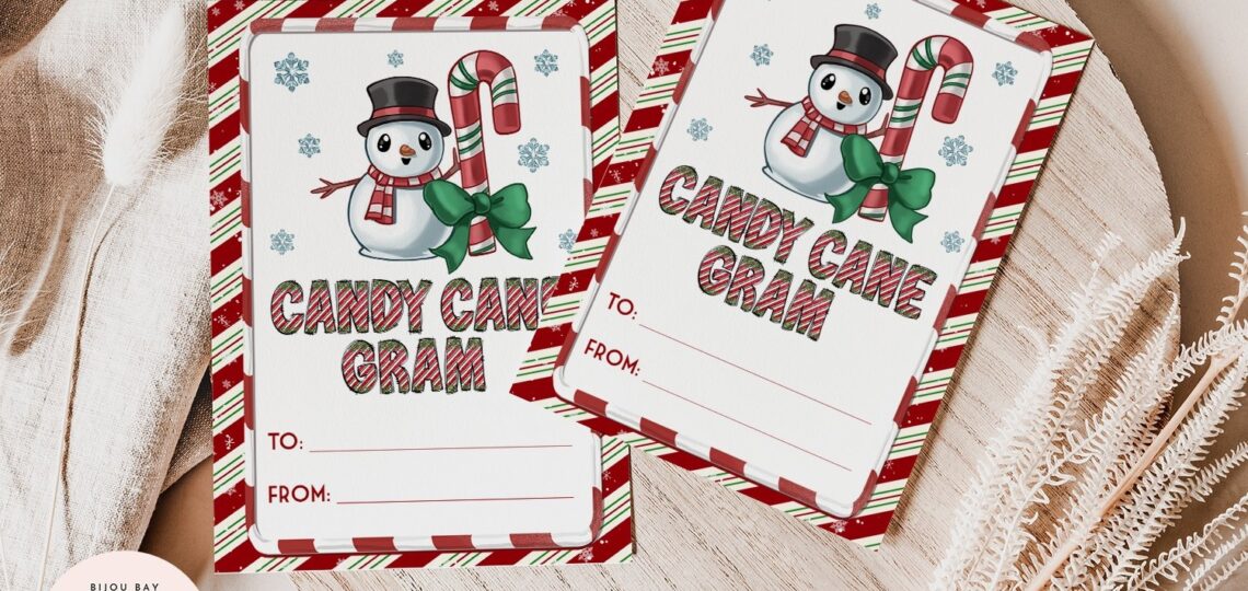 Printable Candy Cane Gram Snowman Holiday Tags