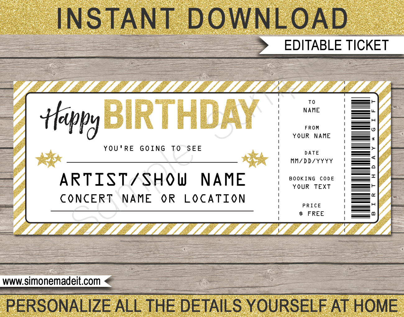 Printable Concert Ticket Template Birthday Gift Voucher 