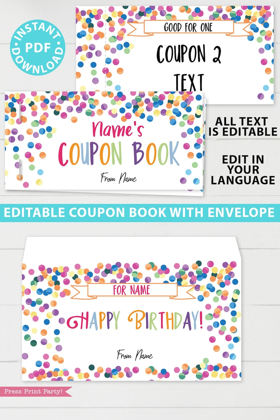Printable Coupon Book Template DIY Birthday Coupons Book Custom Gift Idea Confetti Editable Blank Coupon Book For Kids INSTANT DOWNLOAD Etsy