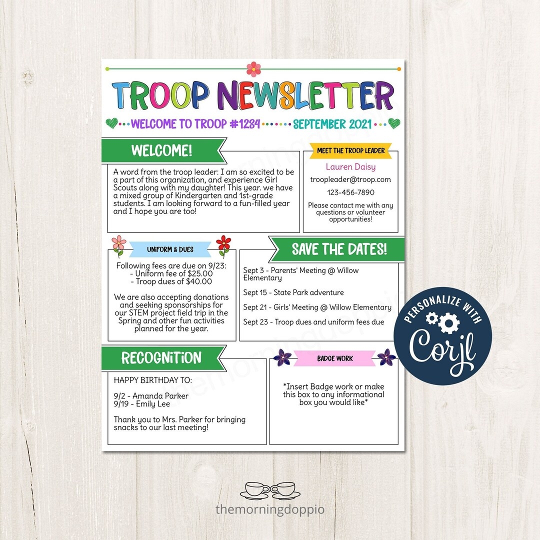 Printable editable Troop Newsletter Template Weekly Event Newsletter Template Parent Newsletter Form School Letter Form CORJL Template Etsy Hong 