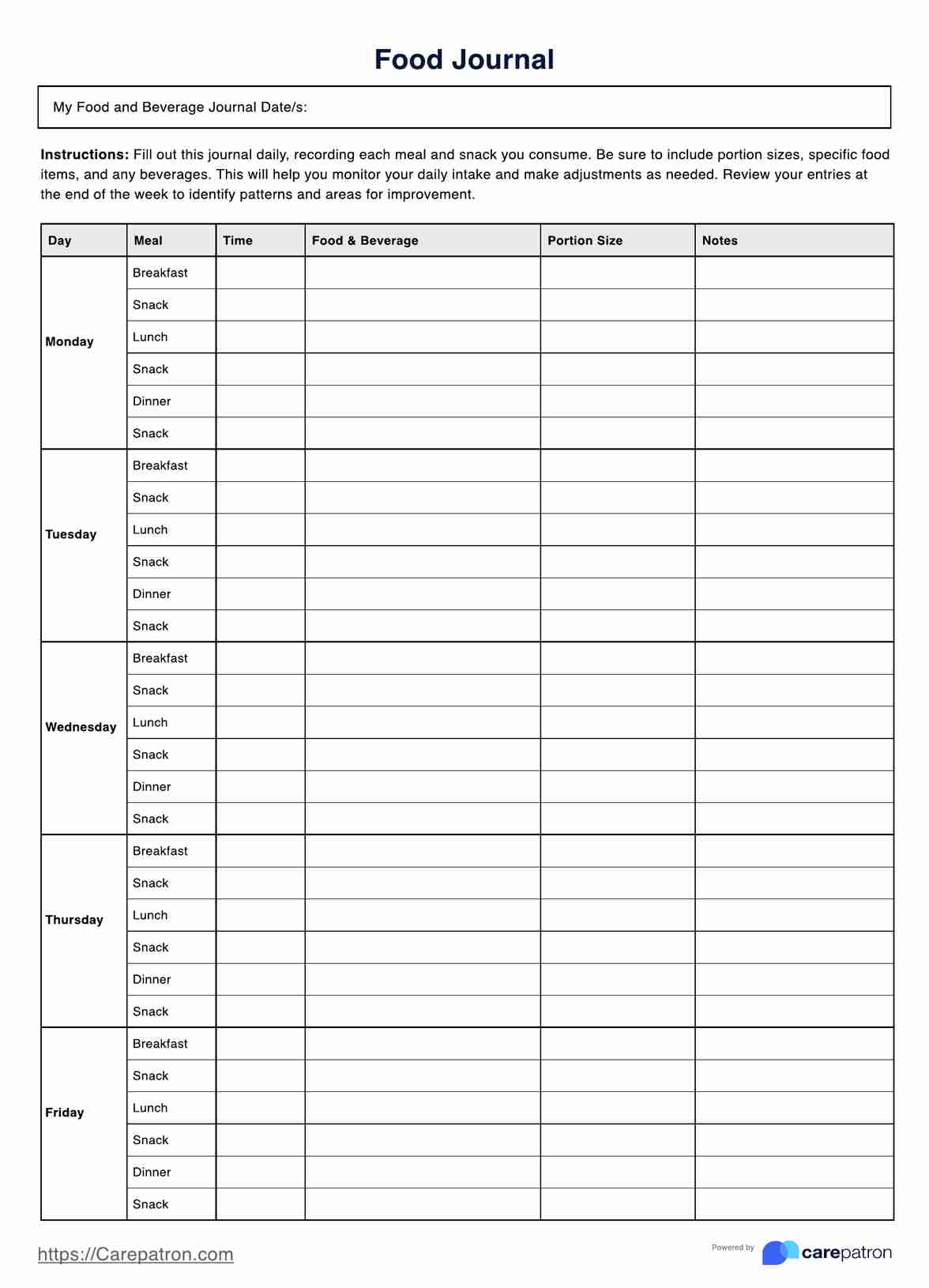 Printable Food Journal U0026 Example Free PDF Download Printable Food Journal U0026 Example Free PDF Download