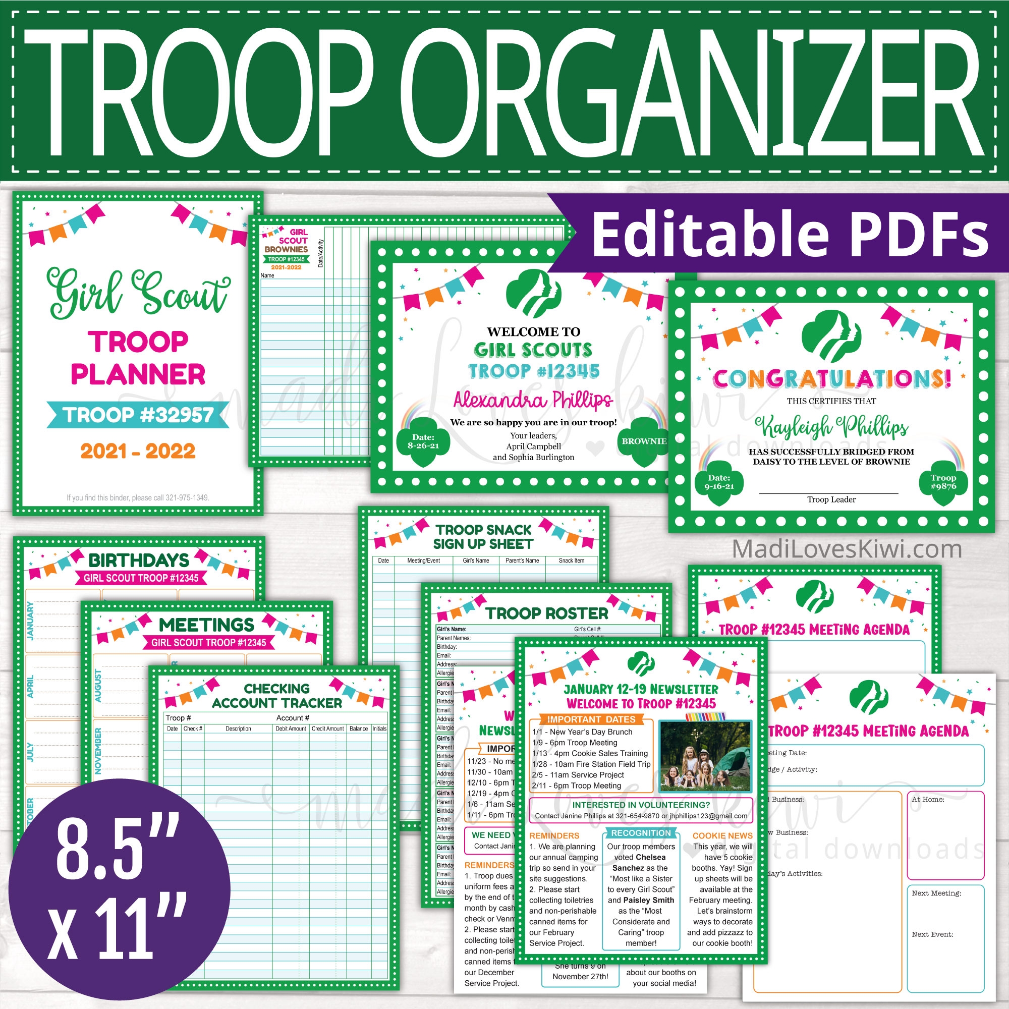Printable Girl Scout Troop Organizer Editable Agenda Certificate Meeting Log Attendance Tracker Madi Loves Kiwi Digital Downloads