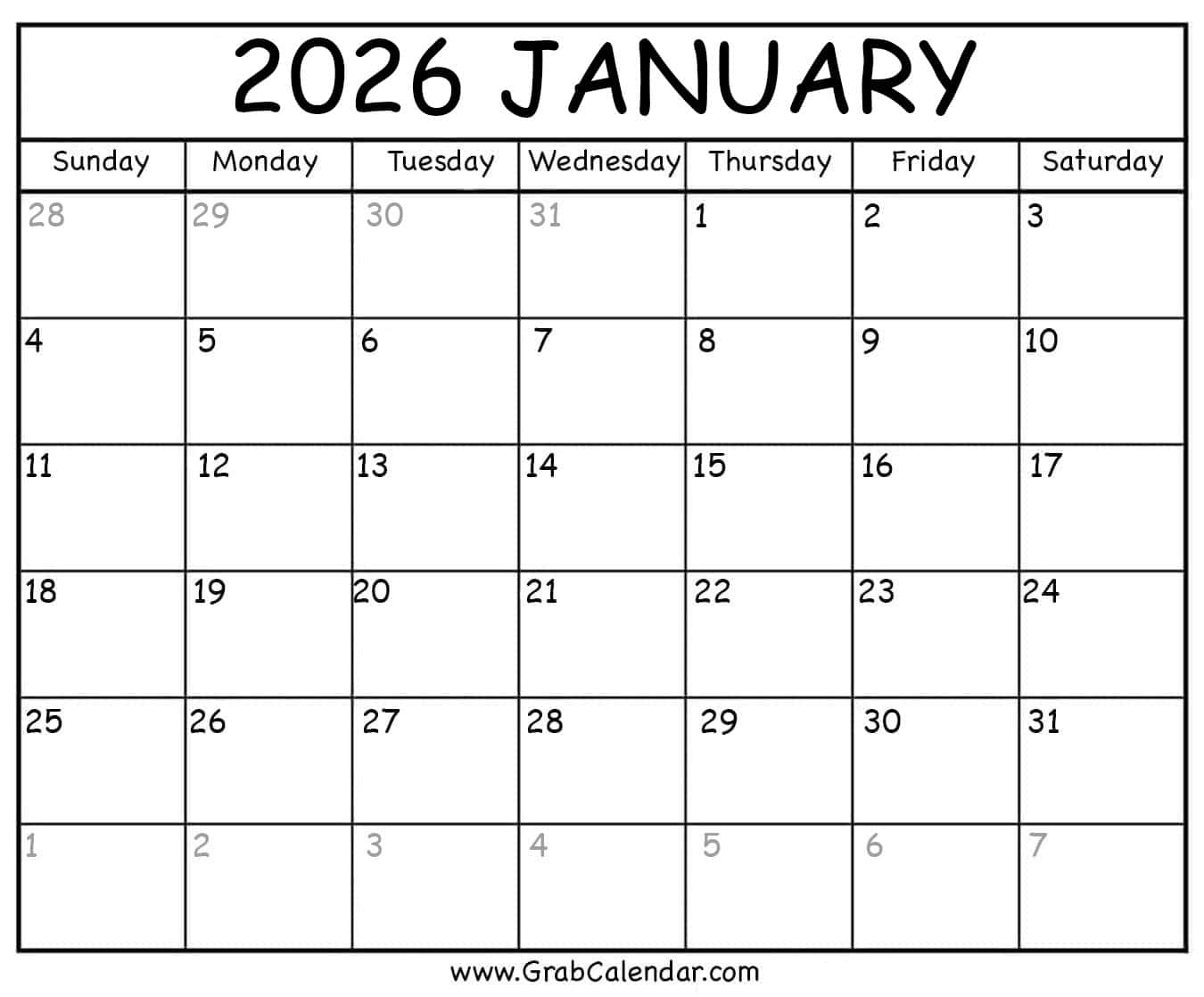 Printable January 2026 Calendar Printable January 2026 Calendar